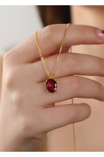 LİNOVE JEWELLERY Ruby Kolye 925 Ayar Gümüş Üzeri Altın Kaplama Oval Kırmızı K...