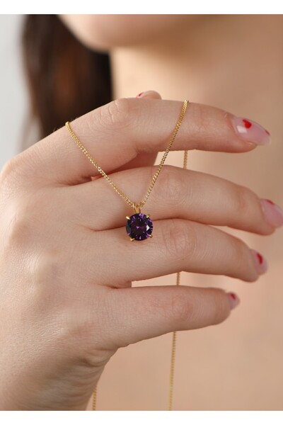 LİNOVE JEWELLERY Ametist Kolye 925 Ayar Gümüş Üzeri Altın Kaplama Mor Kolye, ...
