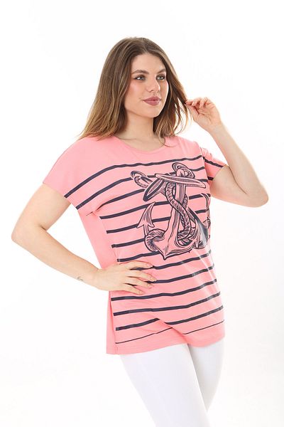 Şans Women's Large Size Pink Bike Collar Front Print Short Sleeve Blouse 65N37639