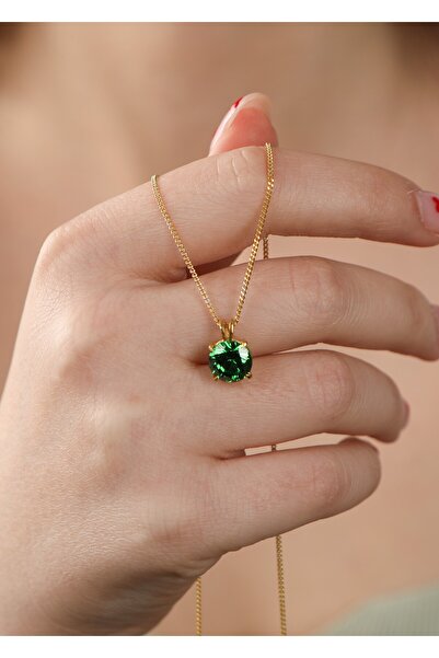 LİNOVE JEWELLERY Emerald Kolye 925 Ayar Gümü Üzeri Altın Kaplama Yeşil Kolye,...