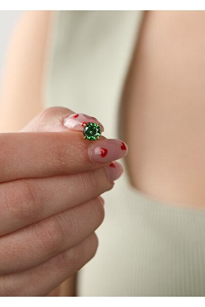 LİNOVE JEWELLERY Emerald Tek Taş Küpe 925 Ayar Gümüş Üzeri Altın Kaplama Küpe, Tektaş Küpe Yeşil Küpe, Zarif Küpe
