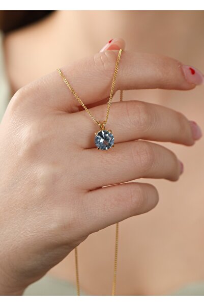 LİNOVE JEWELLERY Aquamarin Kolye925 Ayar Gümüş Üzeri Altın Kaplama Kolye , Aq...