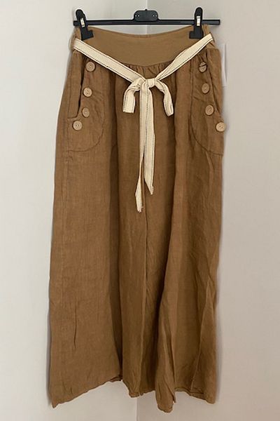 AYASOFYA OTANTIK Women's Italian Camel Button Detailed Belted Wide Leg Loose Linen Trousers
