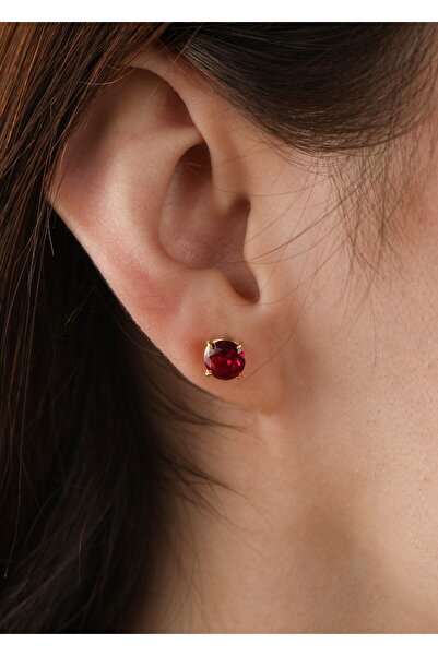 LİNOVE JEWELLERY Ruby Tek Taş Küpe 925 Ayar Gümüş Üzeri Altın Kaplama Küpe, Kırmızı Tektaş Küpe, Zarif Renkli Küpe