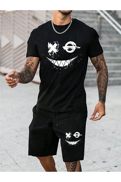 Hunors Sportswear & Company Μαύρο ανδρικό μπλουζάκι και σορτς 2 τεμαχίων Oversize Dragon Printed Cotton Beast Mode T-shirt και σορτς