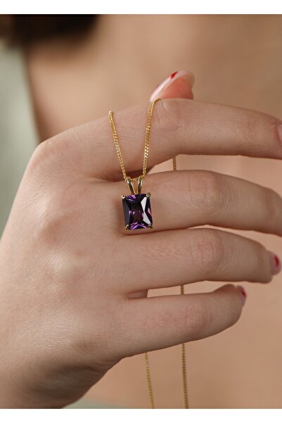 LİNOVE JEWELLERY 925 Ayar Gümüş Ametist Kolye, Baget Gümüş Üzeri 14K Altın Ka...