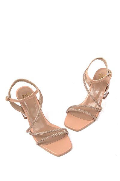 bescobel Women's Nut Fensa Twist Transparent Heel Ankle Lacing Stone Detailed Sandals Shoes