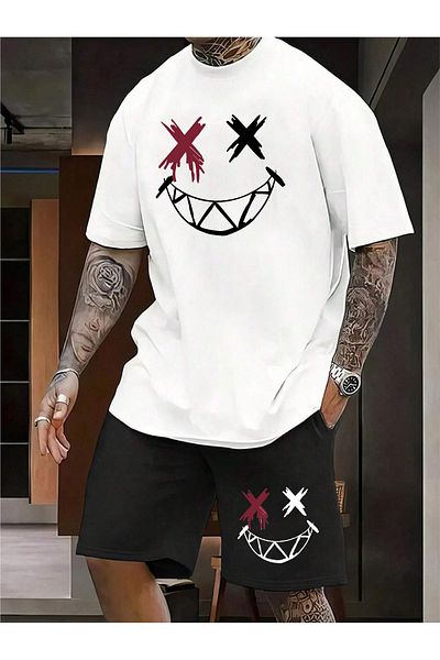 Hunors Sportswear & Company Μαύρο ανδρικό σετ μπλουζάκι και σορτς 2 τεμαχίων Oversize Smiley Face Printed Cotton Beast Mode
