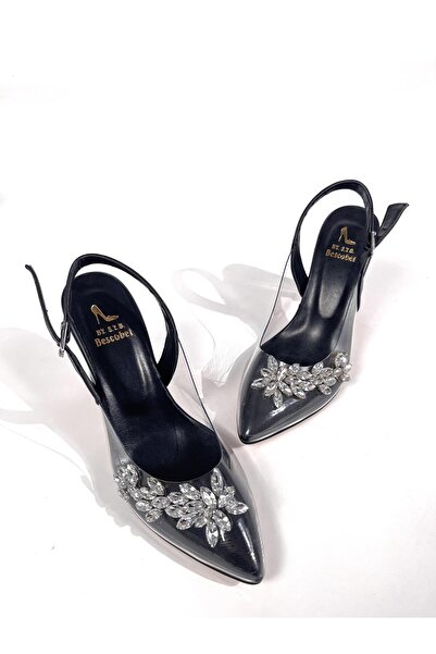 bescobel Women's Black Missy Transparent Heel 10 Cm Leaf Stone Open Back Ankle Strap Shoes