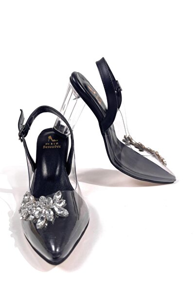 bescobel Women's Black Missy Transparent Heel 10 Cm Leaf Stone Open Back Ankle Strap Shoes