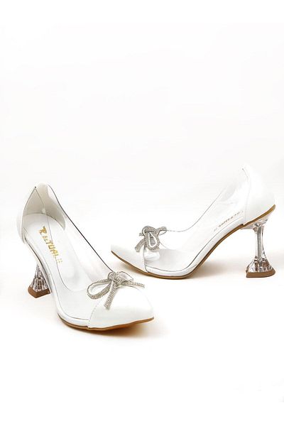 bescobel Women's White Bow Champagne Heel Bow Detailed Skin Transparent Shoes 10cm