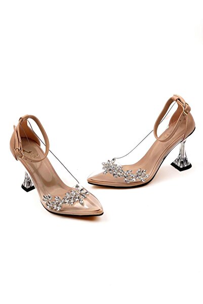 bescobel Women's Nut Ferna Helmet Goblet Champagne Heel Leaf Stone 10 Cm Transparent Heel Shoes