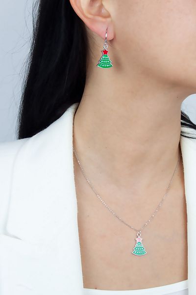 Pridza Pine Tree Christmas Themed Necklace Earring Set