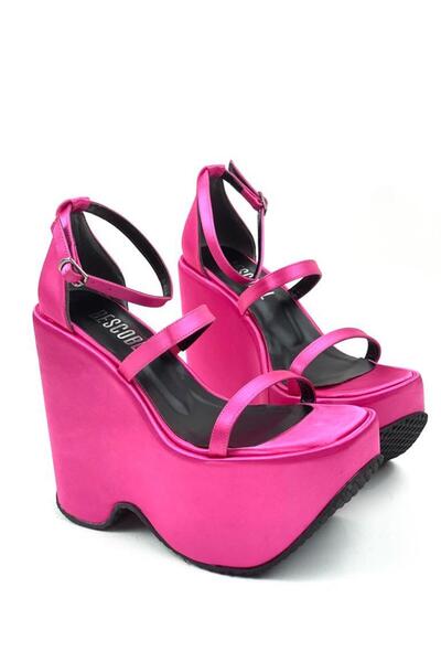 bescobel Women's Fuchsia Sofyan Satin High Wedge Platform Ankle Strap Sandals