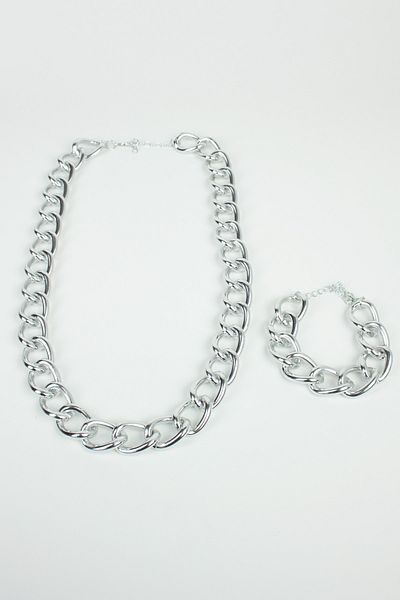 Pridza Thick Ring Silver Color Long Necklace Bracelet Set