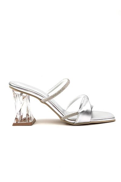 bescobel Women's Platinum Nomyer Single Band Double Stone Transparent Twist Heel Slippers