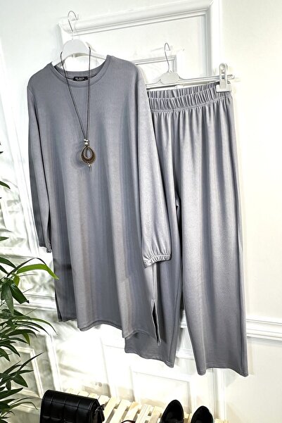 Aşkı Endam Large Size Laurel Corded Full Flexible Double Set - Necklace Gift - Gray