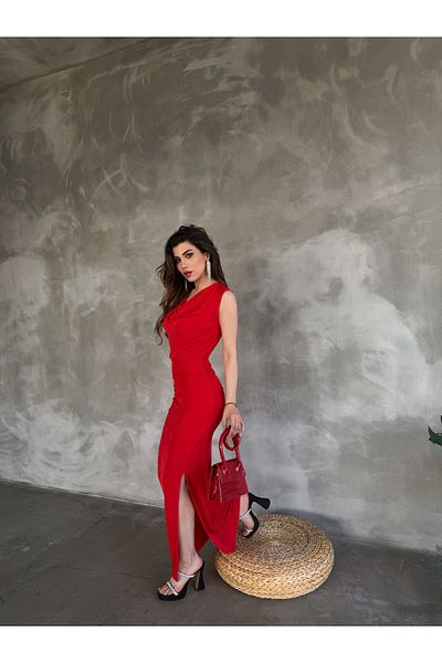 Fav Style Rochie Lungă Fără Mâneci Degaje Guler Slit Roșie