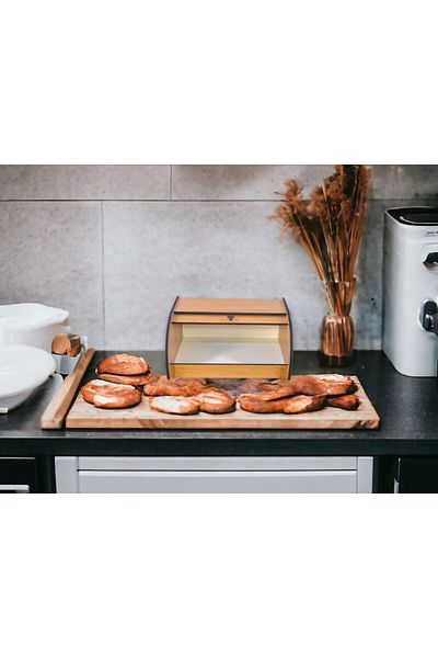 woodluck Wooden Bread Bowl with Top Shelf, Sliding Lid, Storage Box Banbu