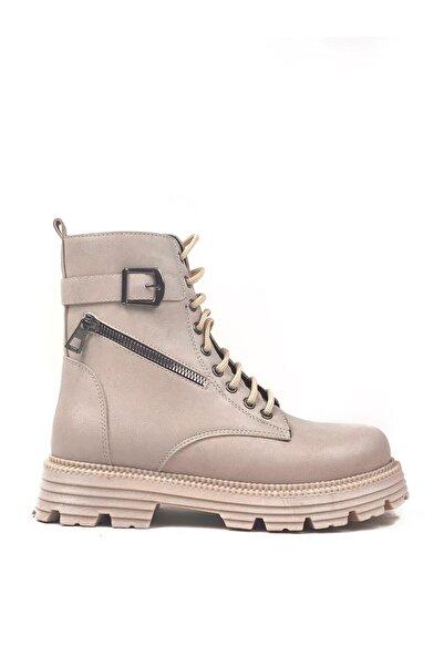 bescobel Γυναικείες μπότες με φερμουάρ και κορδόνια σε μπεζ χρώμα Fasna