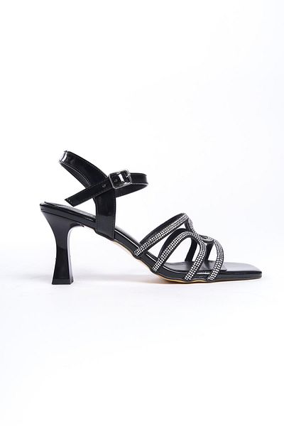 bescobel Women's Sefma Patent Leather Black Thin Heel Stone Sandals 8 cm Heels 206