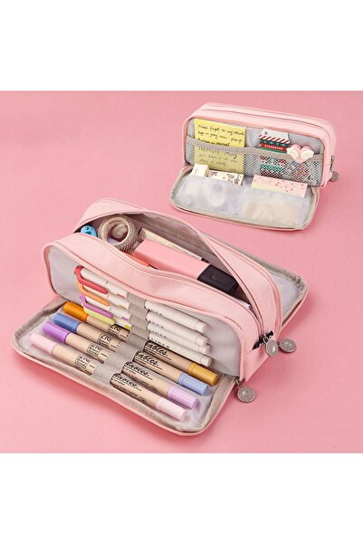 Kawaii Suport pentru stilouri Angoo roz cu capacitate mare, cu 3 compartimente