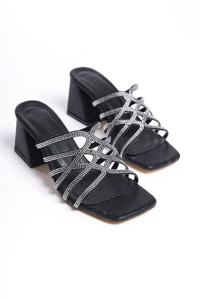 bescobel Women's Herma Black Stone Detailed 5 cm Heeled Slippers 207