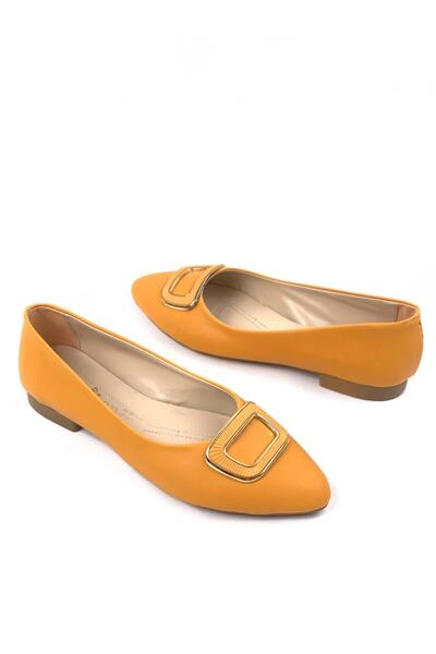 bescobel Women's Mustard Cenns Buckle Detailed Ballerinas