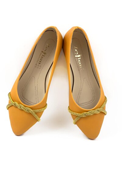 bescobel Women's Mustard Senns Soft Sole Cross Stone Detailed Ballerinas