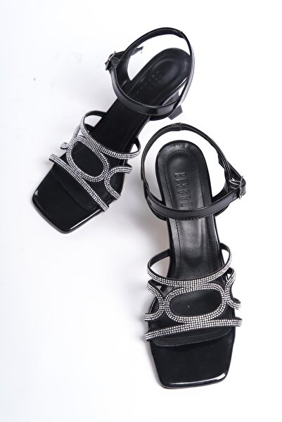 bescobel Women's Sefma Patent Leather Black Thin Heel Stone Sandals 8 cm Heels 206