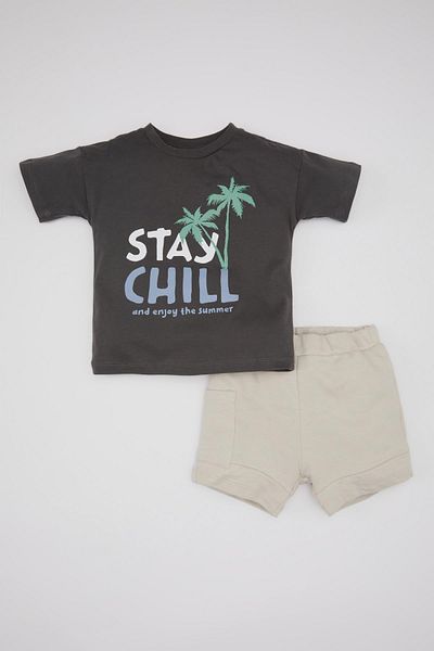 DeFacto Baby Boy 2-Piece Set Crew Neck Printed Combed Cotton T-Shirt Shorts C2258A524Sm