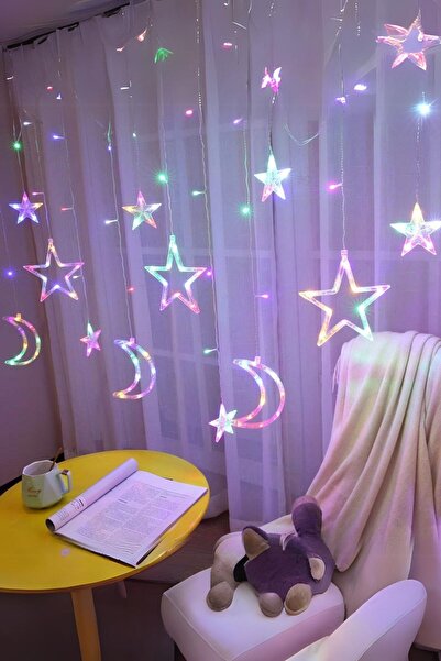 epazzar Renkli Ay Yıldız Perde Led Işık 8 Mod Fişli Eklenebilir Organizasyon ...