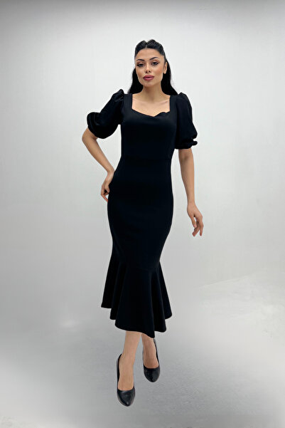 giyimmasalı Krep Kumaş Eteği Volanlı Kalem Abiye Elbise - SİYAH