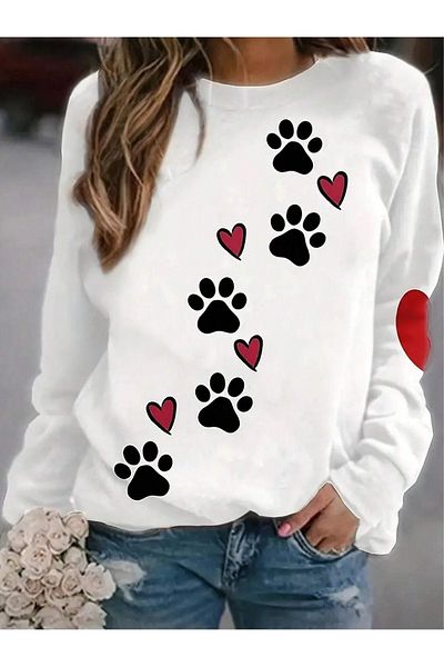 BEETON Paw Pattern Thick Winter Sweatshirt - White Printed Oversize Crew Neck