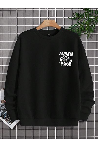 BEETON Always Good Mood Thick Winter Sweatshirt - Black Printed Oversize Crew Neck