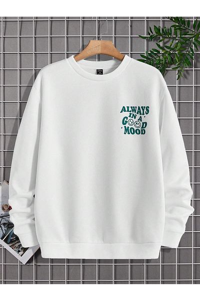BEETON Always Good Mood Thick Winter Sweatshirt - White Printed Oversize Crew Neck