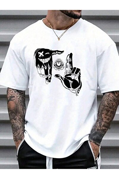 BEETON Μπλουζάκι με λευκή στάμπα μεγάλου μεγέθους - Χέρι μάτι, λαιμόκοψη, κον...