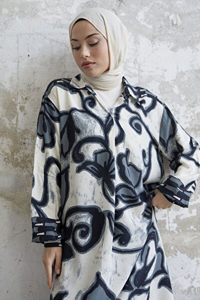 InStyle Gemustertes Viskosekleid mit Hemdkragen - Schwarz