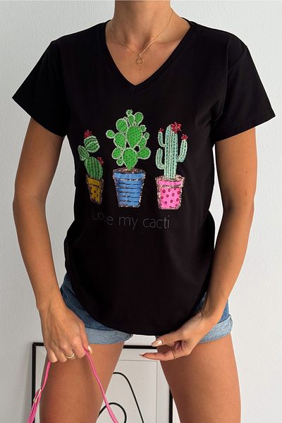 FEMELLE Tricou de damă, negru, cu decolteu în V, cu paiete cactus, brodat 100% bumbac