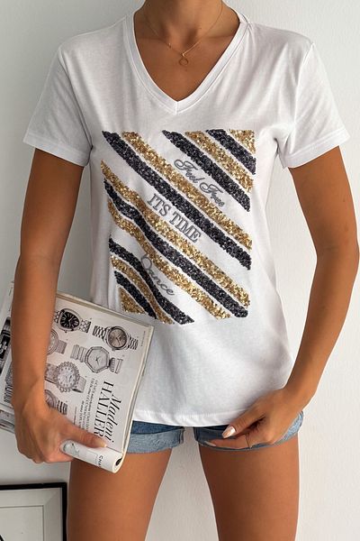 FEMELLE Women's White V-Neck Embroidery and Sequin Sequin Embroidered 100% Cotton T-Shirt