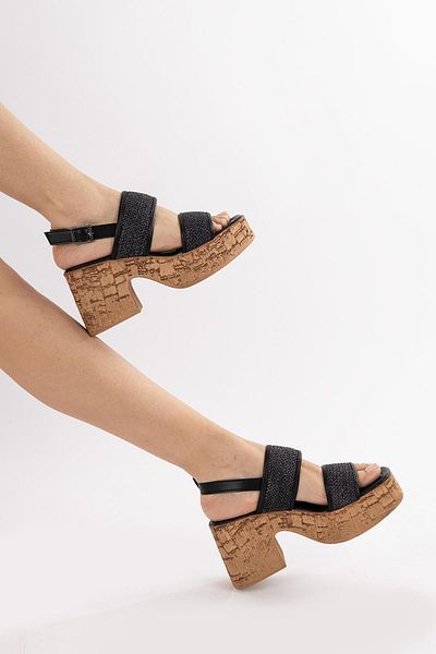Getcho Kepa Sandale de damă cu toc gros cu detalii din paie neagră Pantofi de vară confortabili cu platformă Model zilnic
