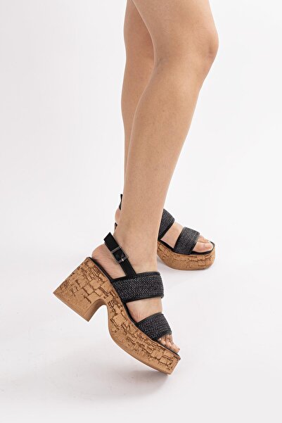 Getcho Kepa Women's Black Straw Detailed Thick Heeled Sandals Summer Comfortable Platform Shoes Daily Model