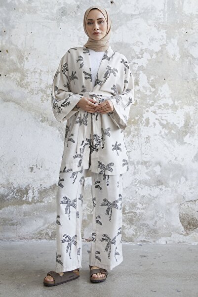 InStyle Patterned Double Linen Kimono Set - Black