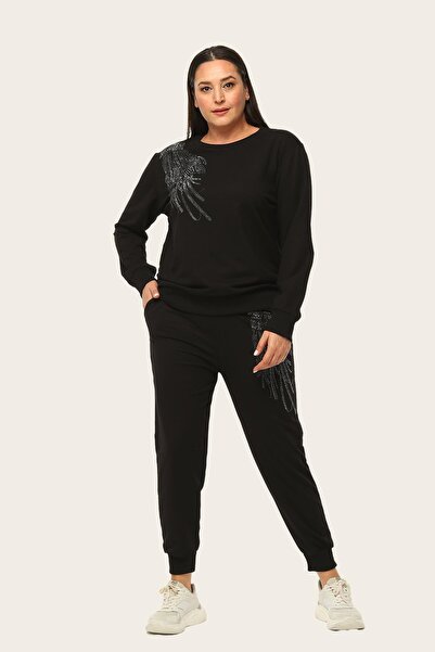 Ebsumu Γυναικείο Σετ Φόρμας Μεγάλου Μεγέθους Φυσική Πέτρα με τύπωμα Μαύρο