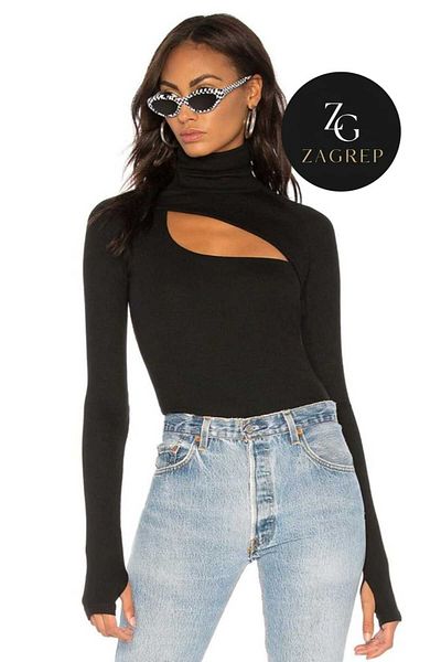 Zagrep Women's Black Bodysuit Turtleneck Finger Snap Window Silk Jersey