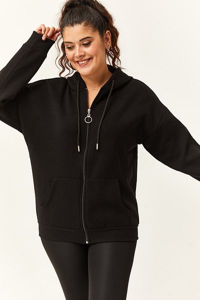 Ebsumu Women's Large Size Zippered Thick Black Sweatshirt