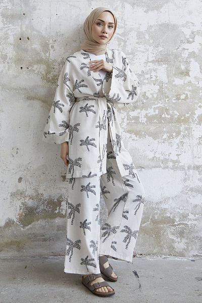 InStyle Patterned Double Linen Kimono Set - Black