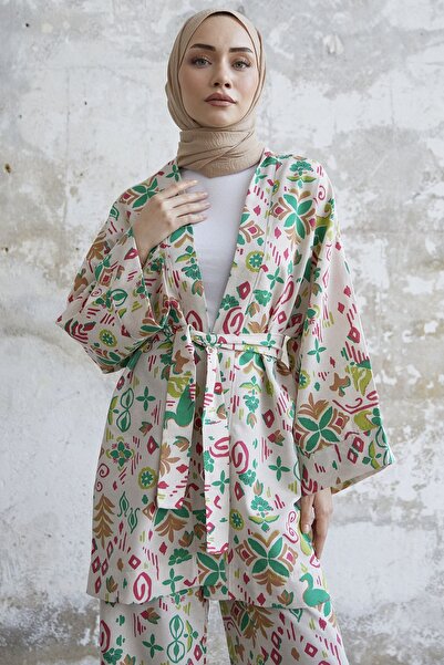 InStyle Shaped Patterned Linen Kimono Set - Green