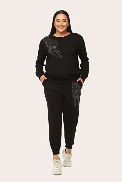 Ebsumu Γυναικείο Σετ Φόρμας Μεγάλου Μεγέθους Φυσική Πέτρα με τύπωμα Μαύρο