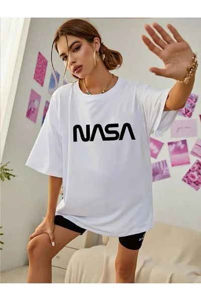 Revasser Unisex γυναικείο/ανδρικό μπλουζάκι NASA πολύχρωμο, προσαρμοσμένο εμπριμέ, βαμβακερό χτενισμένο μπλουζάκι
